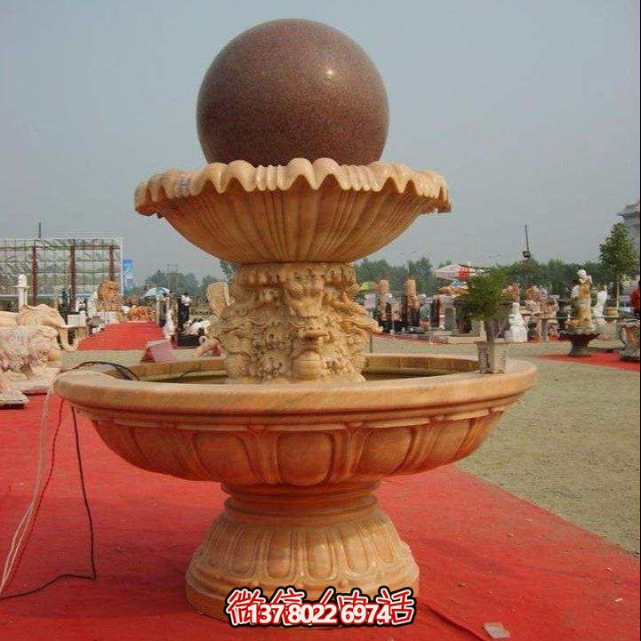 經典中式風水球，黃銹巖浮雕噴泉水