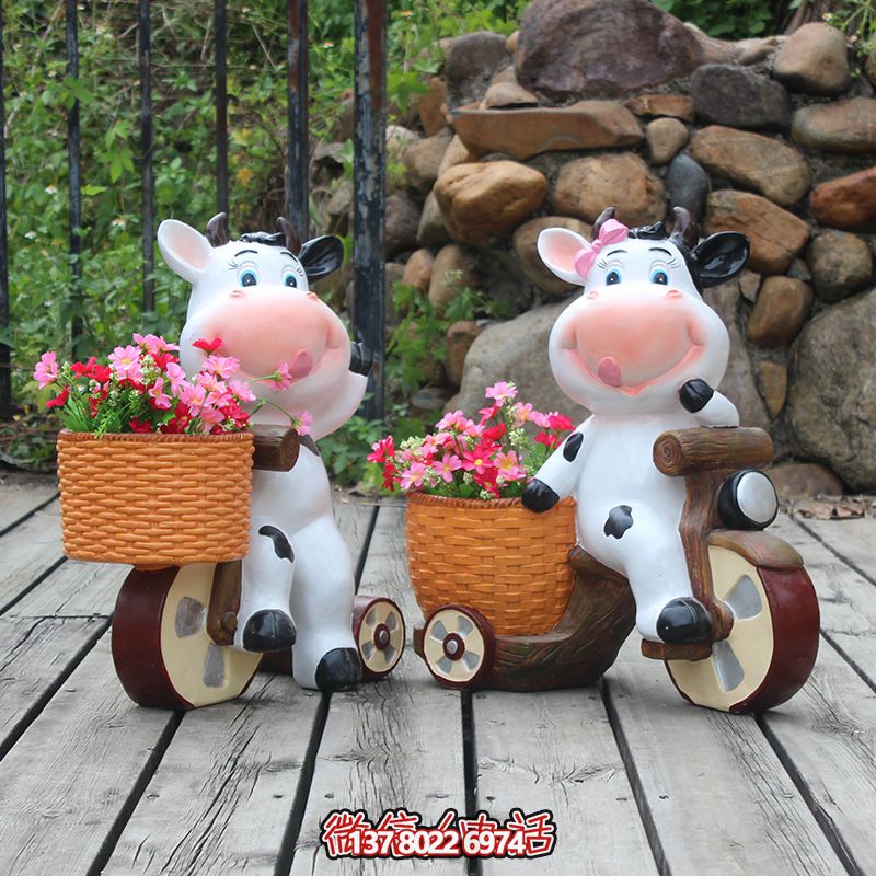 可愛(ài)卡通彩繪玻璃鋼拉著花盆兔子雕塑