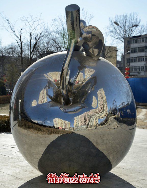 不銹鋼雕塑，鏡面蘋(píng)果，適合戶外擺放的精美裝飾