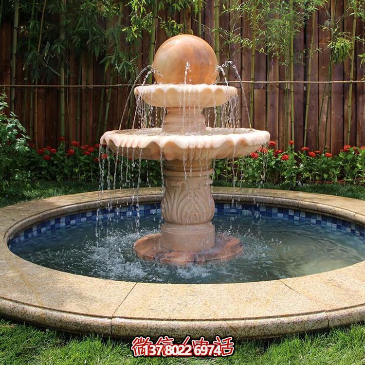 晚霞之紅，流水之?dāng)[件，噴泉之雕塑