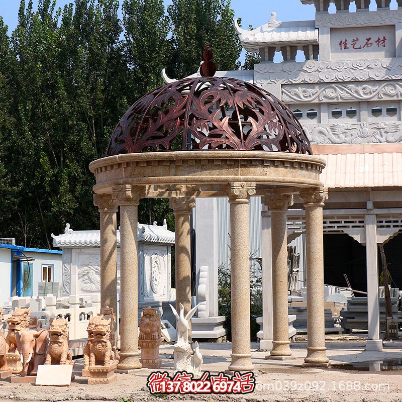 花鋼巖羅馬柱圓形樹(shù)葉鏤空鐵藝涼亭雕塑