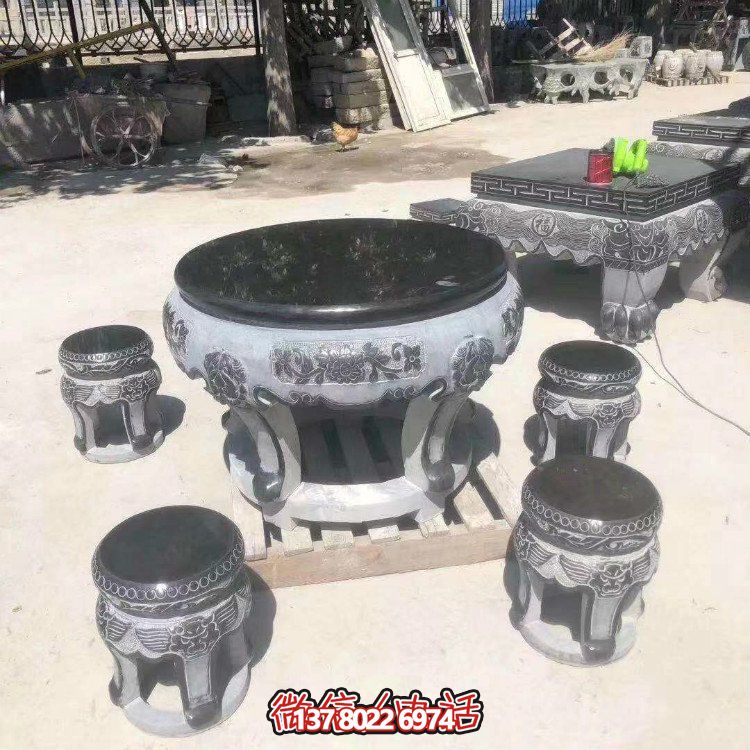 青石雕刻復(fù)古圓形家用戶(hù)外擺放中式石桌凳